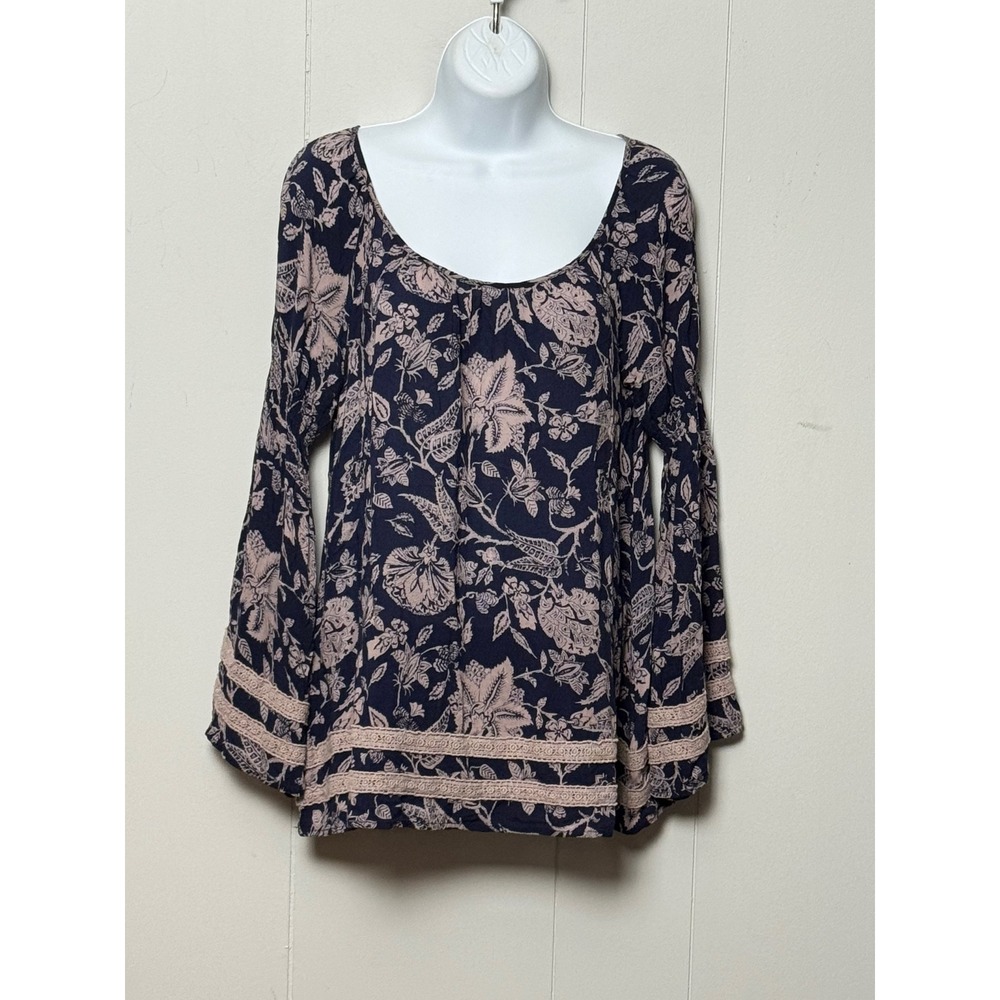 Altar'd State Women's Navy Floral Bell Sleeve Lace Trim Boho Blouse Size Medium
